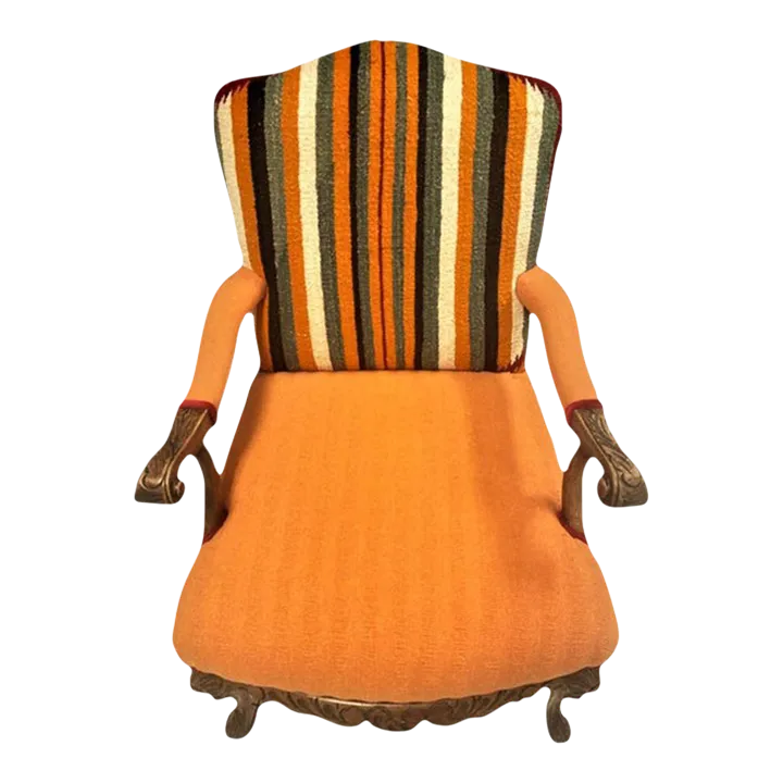 Pumpkin Colored Carved Antique Hacienda Chair Reupholstered With Hand Loomed Oaxaca Tapestry and Manta Cloth - Image 2