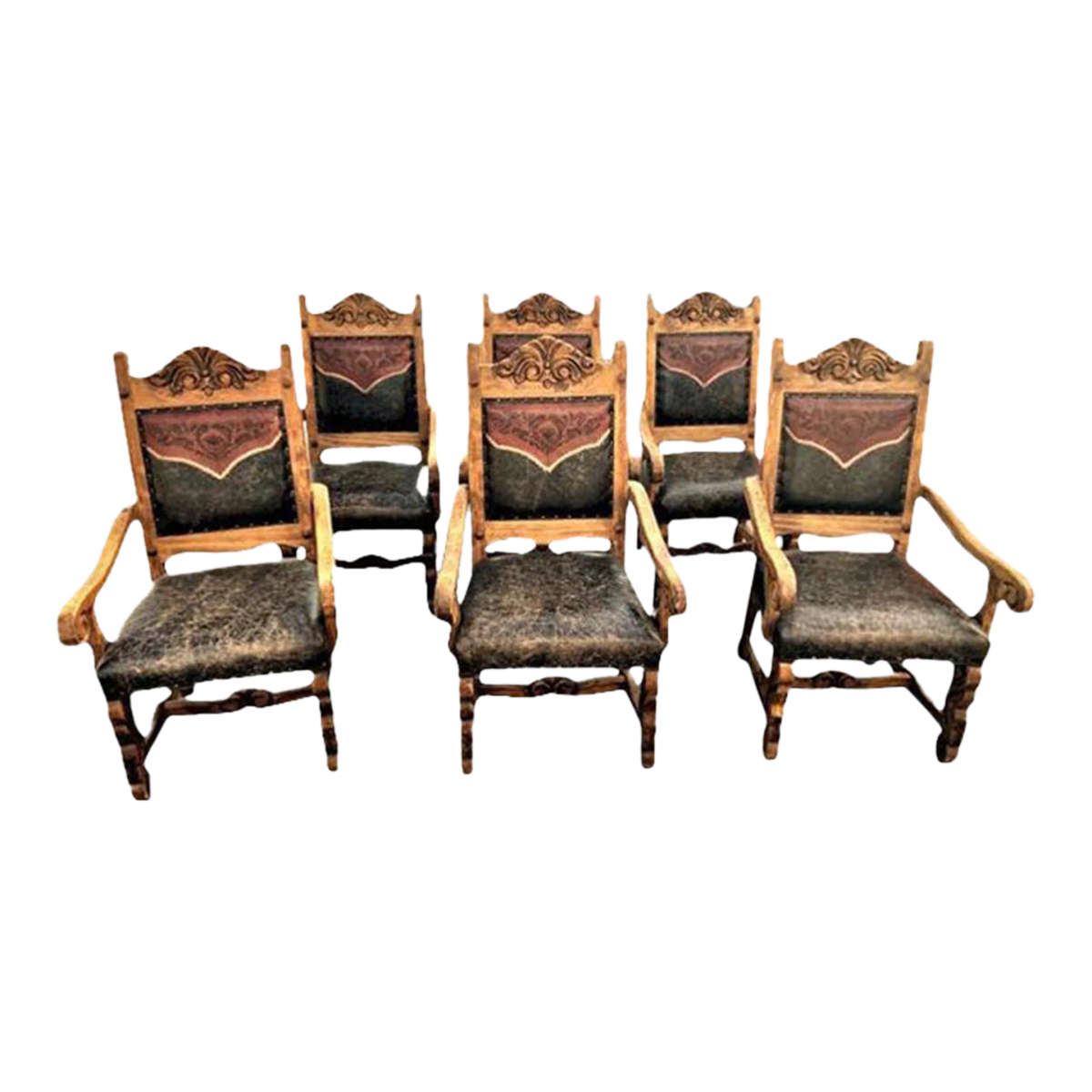 Custom Made Mexican Hacienda Chairs in Tooled Leather and Carved Wood - Set of 6 - Image 2