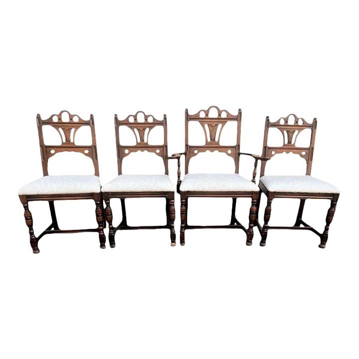 Antique Spanish Revival Solid Walnut Dining Chairs With New Kravet Upholstery - Set of 4 - Early 20th Century - Image 2