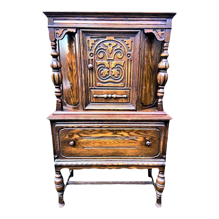 Antique Spanish Revival Solid Oak Liquor Cabinet or Linen Press - Early 20th Century - Image 2