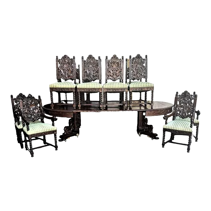 Monumental 10' X 5.5' Renaissance Revival French Walnut Banquet Table With 12 Chairs - Antique Circa Mid 19th Century - Image 2