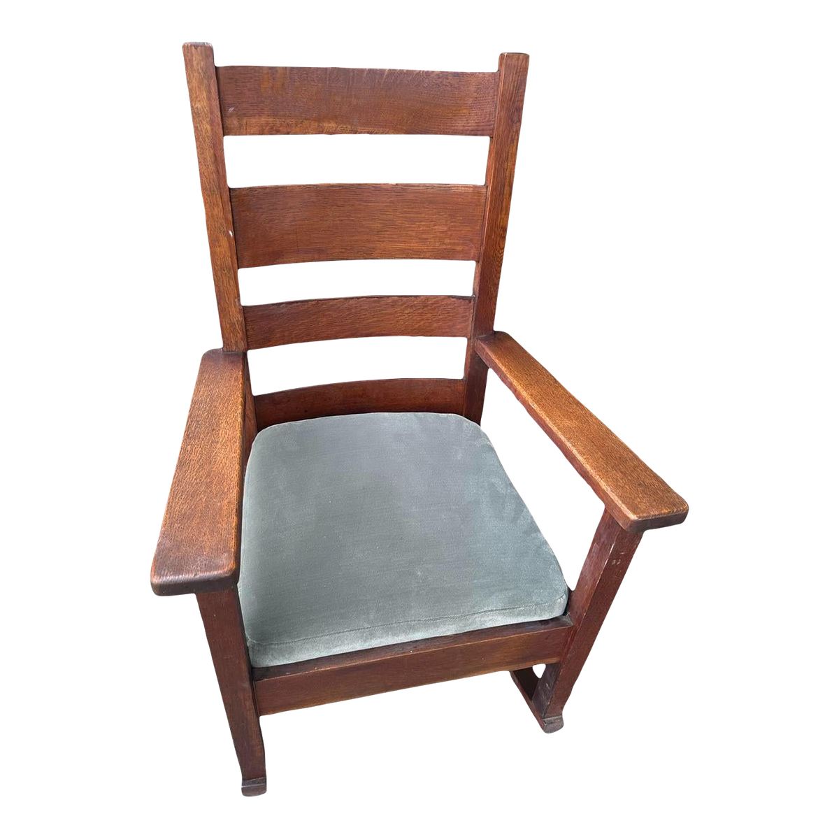 Antique Stickley Grand Rapids Quaint Furniture Mission Oak Rocking Chair With New Mohair Seat Upholstery - Image 2