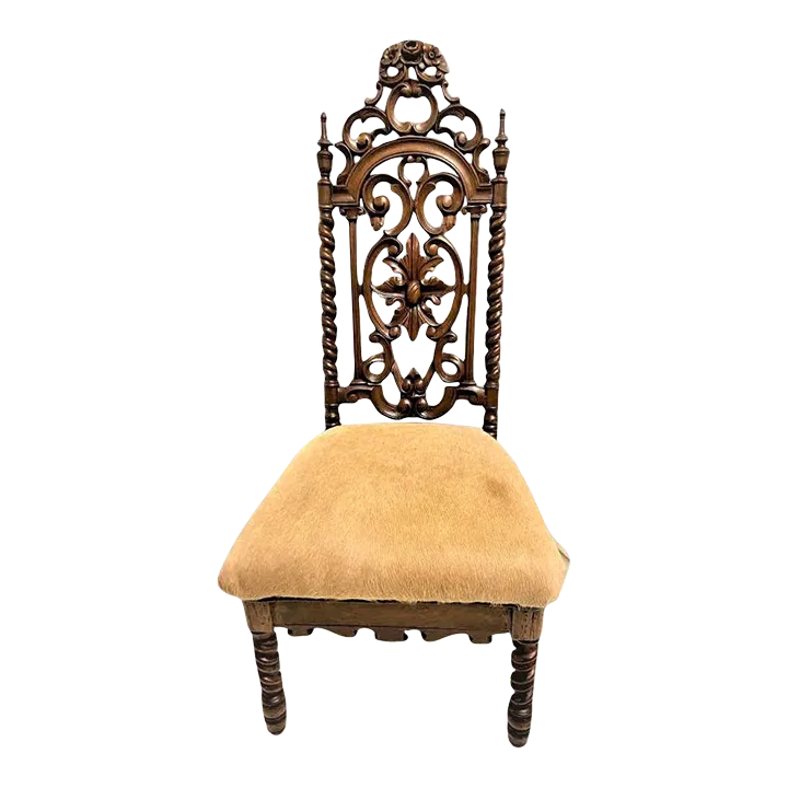 Late 19th Century Carved Rosewood Renaissance Revival Chair With Hair-On Cowhide Seat Upholstery - Image 2