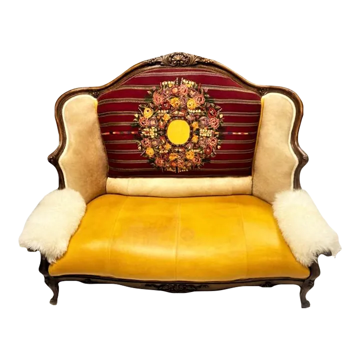 Late 19th Century French Settee With Guatemalan Hand Embroidery, Cowhide and Sheepskin - Image 2