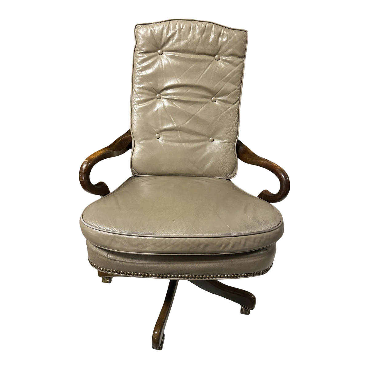 Button Tufted Leather Vintage Executive Swivel Chair With Nail Head Trim - Image 2