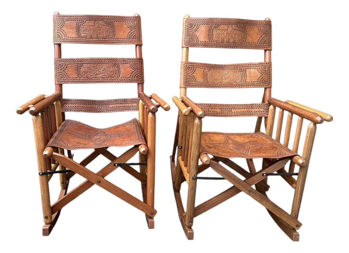 Late 20th Century Costa Rican Vintage Teak and Embossed Leather Folding Rocking Chairs - A Pair - Image 2