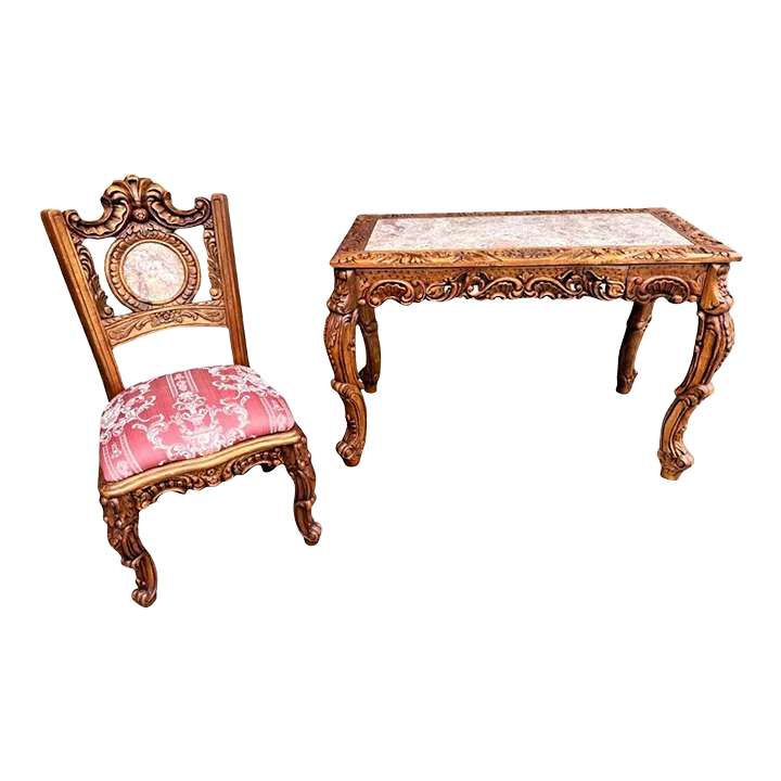 Spanish Baroque Style Heavily Carved Desk and Chair Set With Marble Inserts - Circa 1990 - Image 2