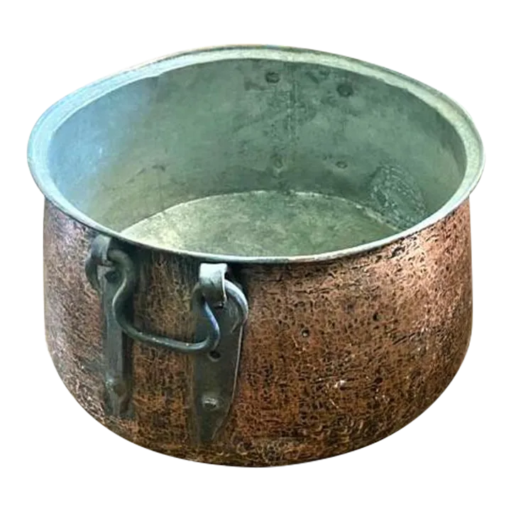 Large Antique Hammered Copper Cauldron With Hand Wrought Iron Handles - Image 2