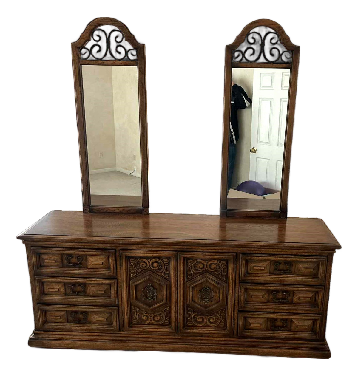 Spanish Revival Vintage Carved Solid Oak Triple Dresser With Mirrors Crafted in North Carolina by United Furniture - Image 2