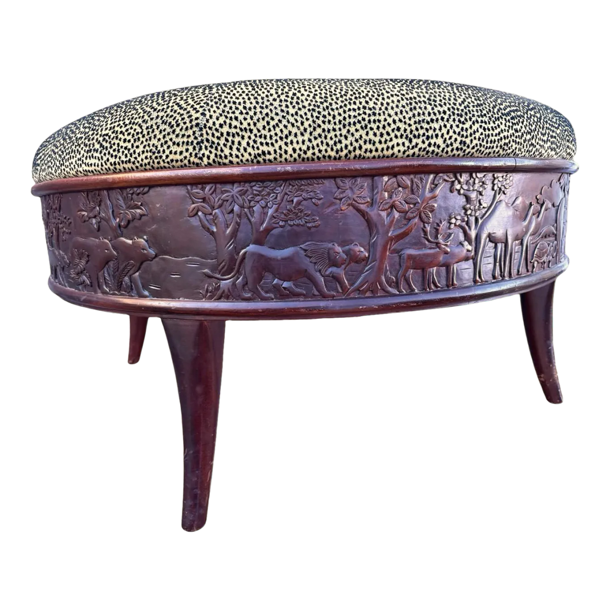 Sam Moore Safari Round Cocktail Ottoman With Carved Teakwood Frame and Cheetah Print Upholstery - Image 2