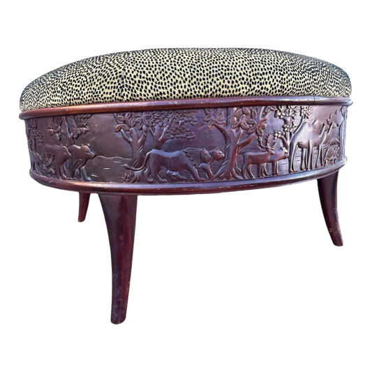 Sam Moore Safari Round Cocktail Ottoman With Carved Teakwood Frame and Cheetah Print Upholstery - Image 2