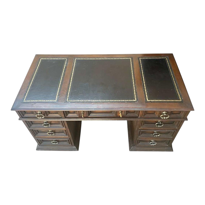 Solid Walnut Leather Topped Spanish Revival Coffered Desk - Vintage Mid 20th Century - Image 2