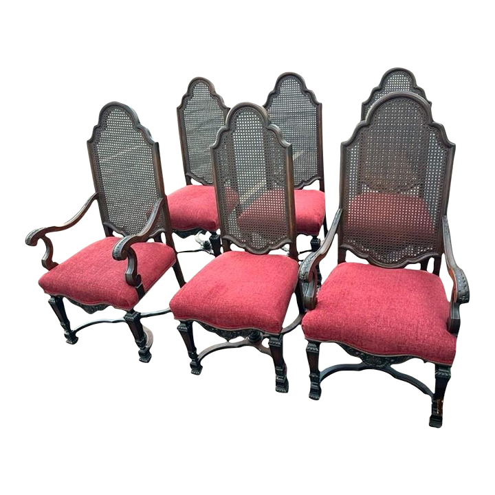 Antique Spanish Renaissance Style Walnut and Caning Dining Chairs - Set of 6 - Circa 1910 - Image 2