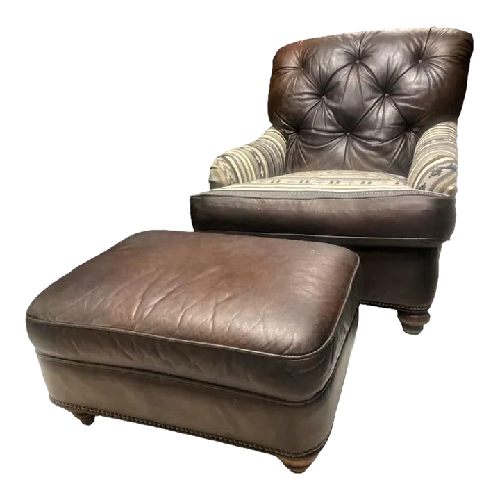 Vintage Chesterfield Leather Writer's Chair and Ottoman With Oriental Tapestry Details - Image 2