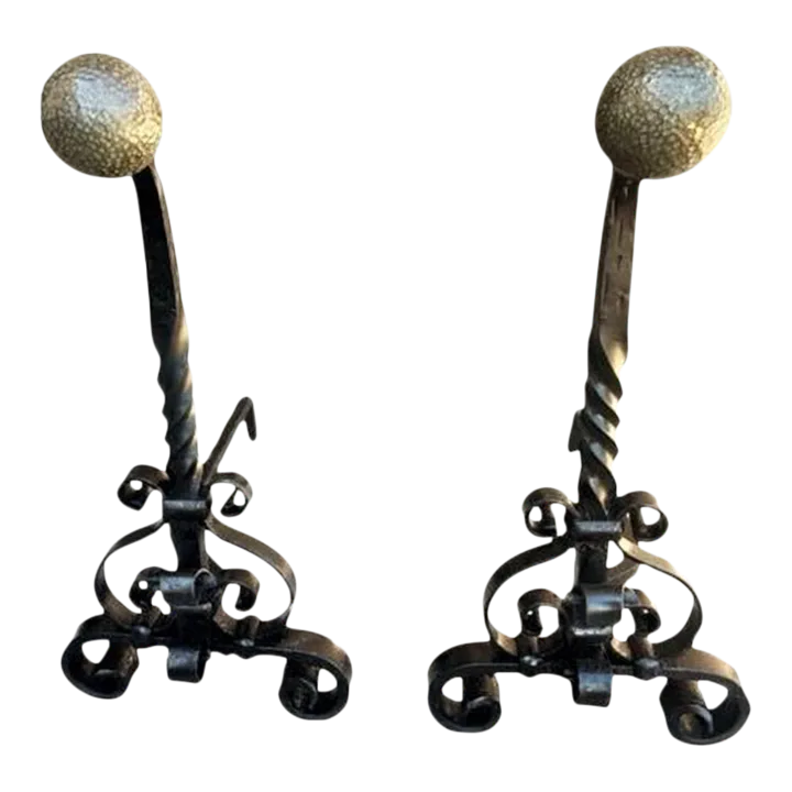 Massive 31" High Antique Arts & Crafts Pair of Andirons - Wrought Iron and Brass - Late 19th Century - Image 2