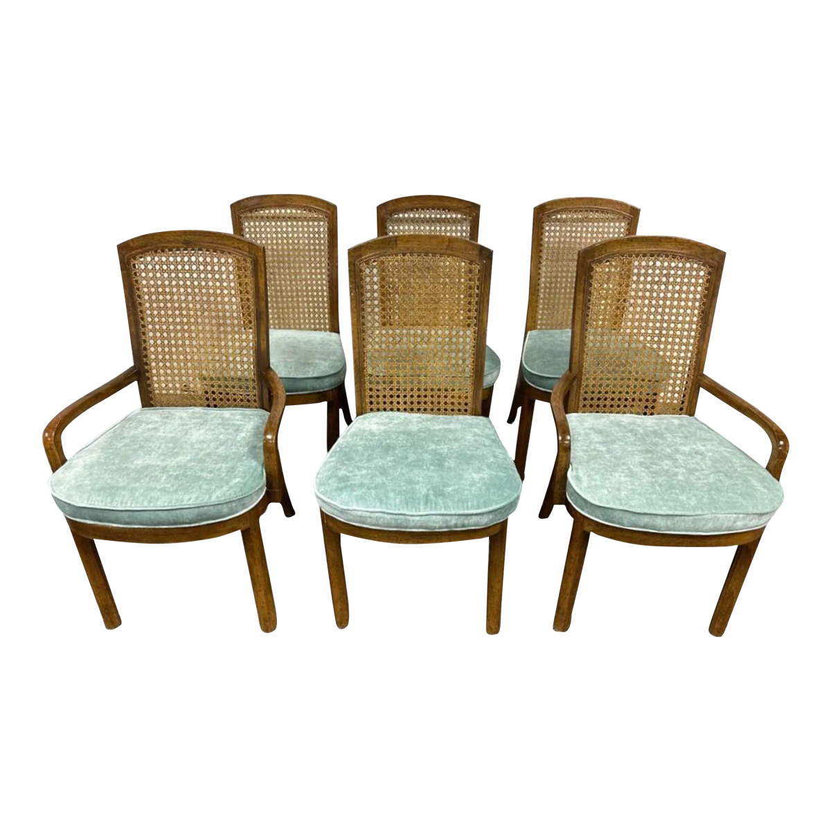Drexel Mid 20th Century Cane and Oak Dining Chairs With New Velvet Upholstery - Set of 6 - Image 2