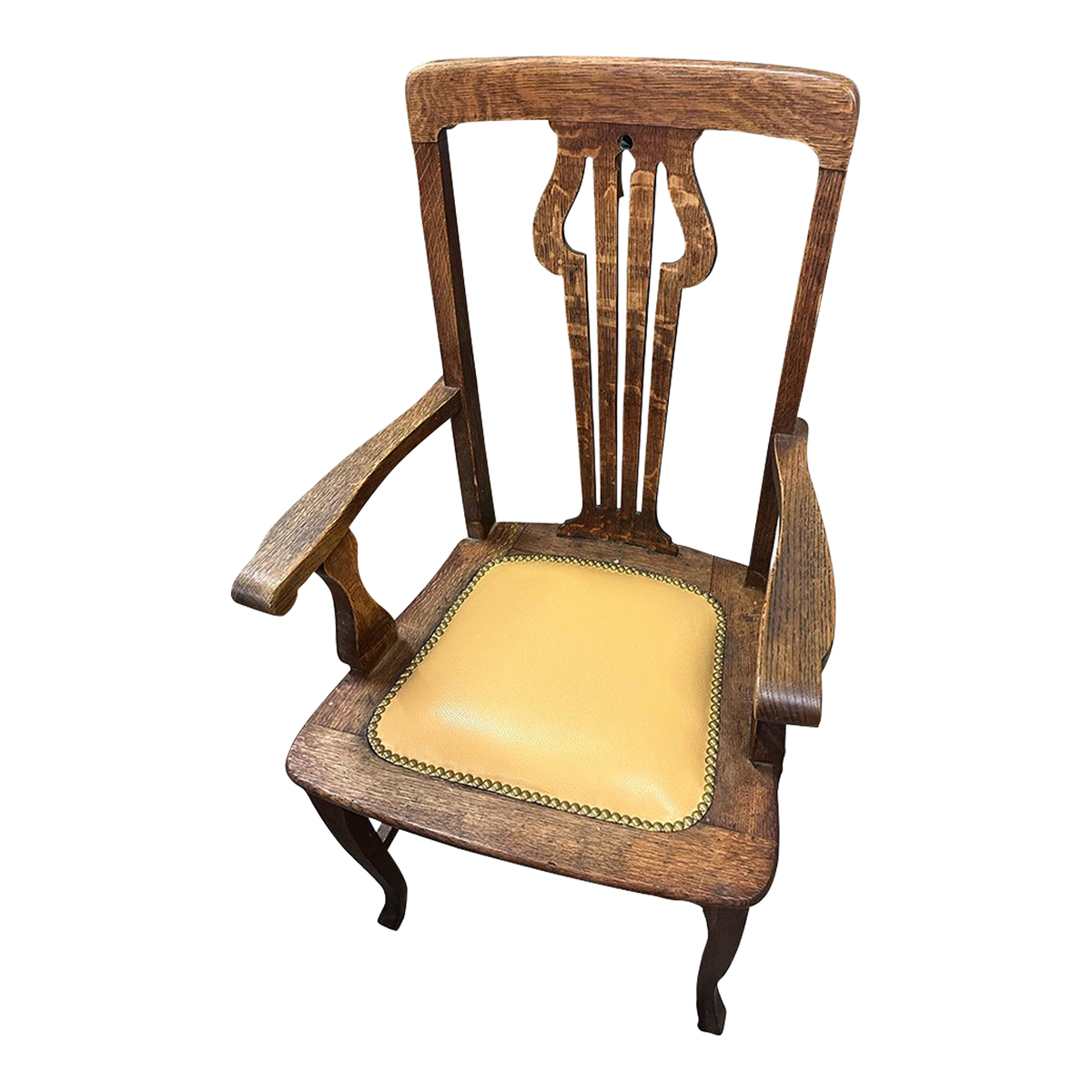 Antique English Liberty and Wyburd Attributed Arts & Crafts Quarter Sawn Oak Arm Chair With New Leather Seat Upholstery - Image 2