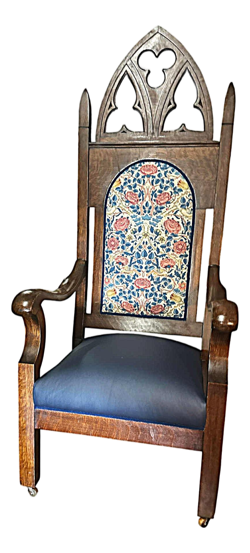 19th Century English Oak Bishop’s Throne Reupholstered With Leather and William Morris ‘Rose’ Linen - Image 2
