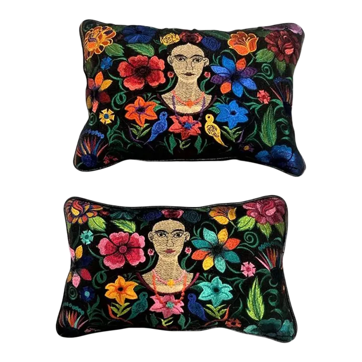 Frida Kahlo Image Chiapas Embroidery and Black Leather Accent Pillows - a Pair - Newly Made - Image 2