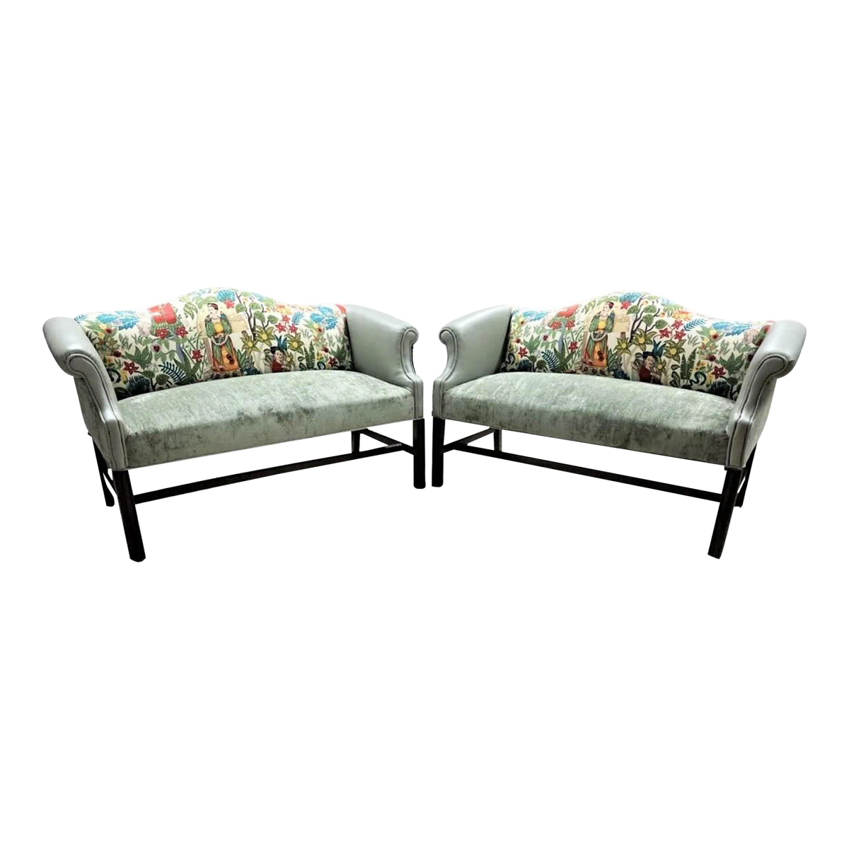 Pair of Chippendale Camelback Settees in ‘Frida’s Garden’ Chintz and Celadon Leather and Velvet - Image 2