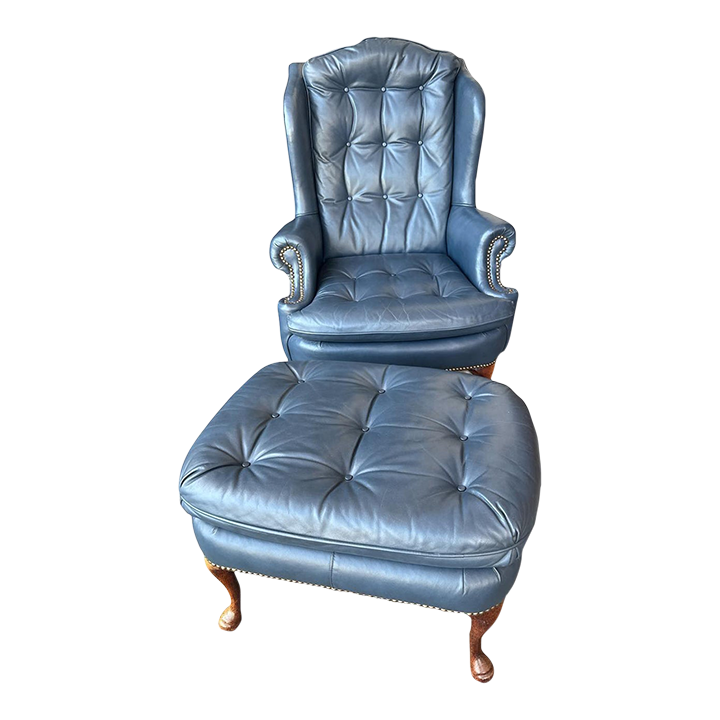 1980s Cornflower Blue Tufted Leather Chair and Ottoman Set Made in Hickory, North Carolina - Image 2