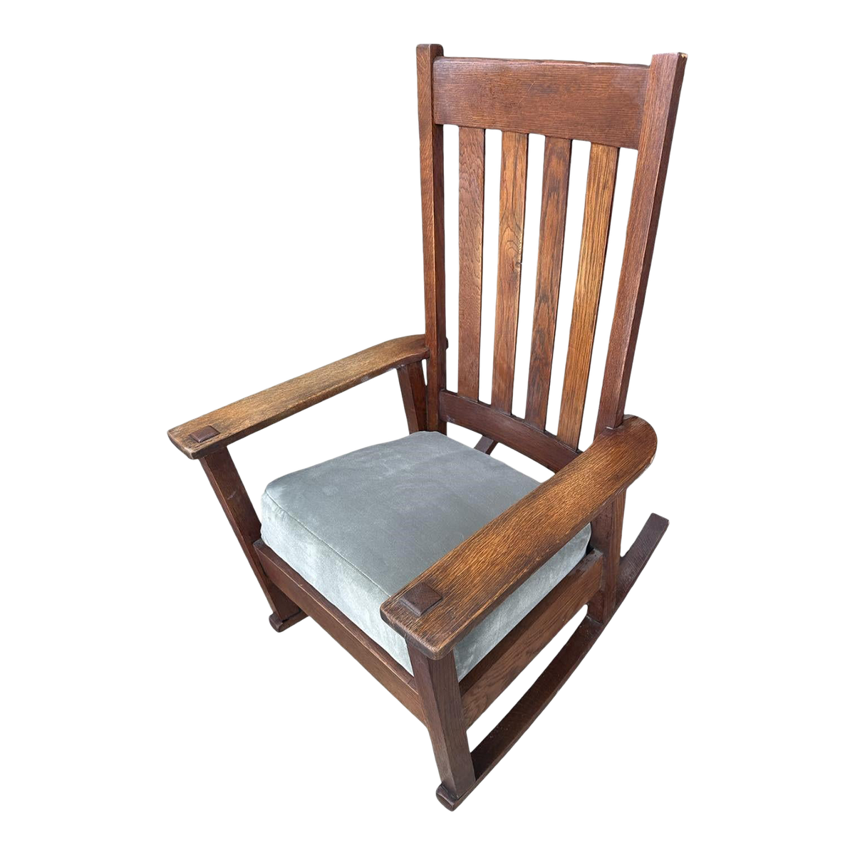 Antique Stickley Brothers Grand Rapids Mission Oak Rocking Chair With New Mohair Upholstery - Circa 1900 - Image 2