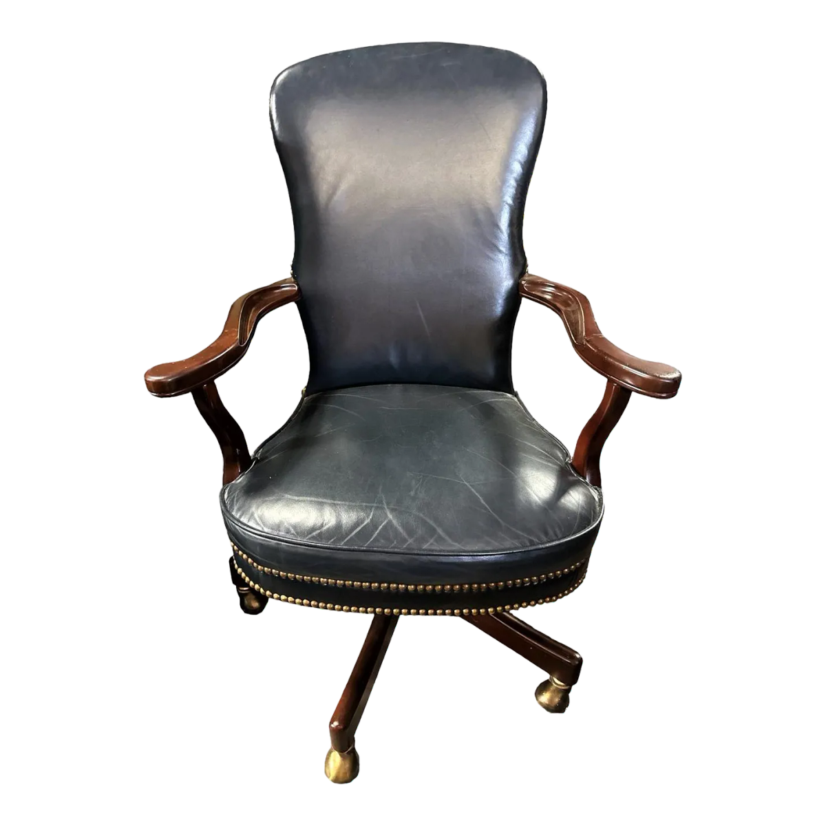 Quaker Furniture Hickory North Carolina Dark Blue Leather Swivel Chair - Image 2