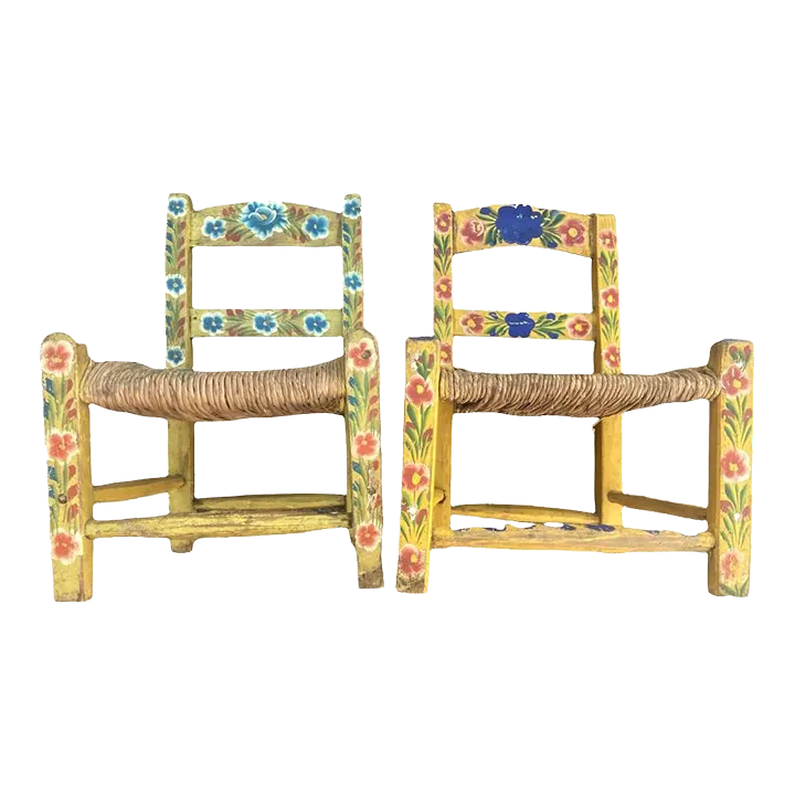 Vintage Mexican Doll's Chairs - Hand Painted With Rush Seats - Mid 20th Century - Image 2