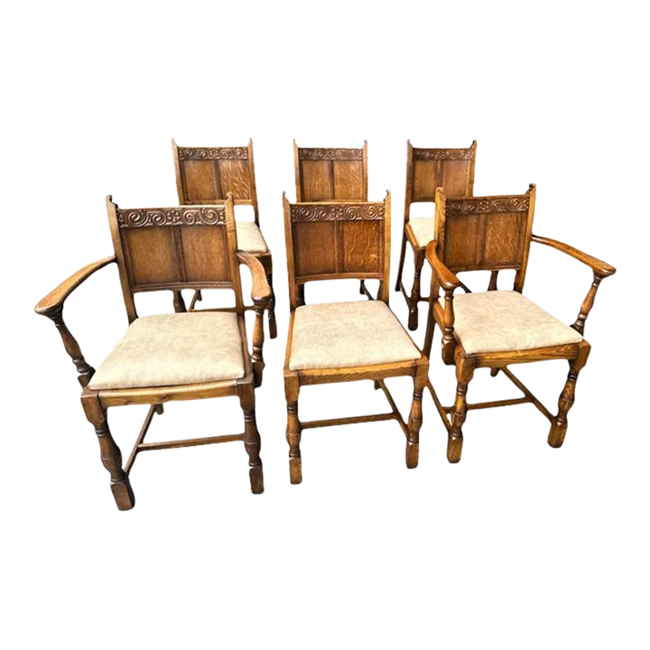 19th Century Antique English Arts & Crafts Oak Dining Chairs With New Leather Seats - Set of 6 - Image 2