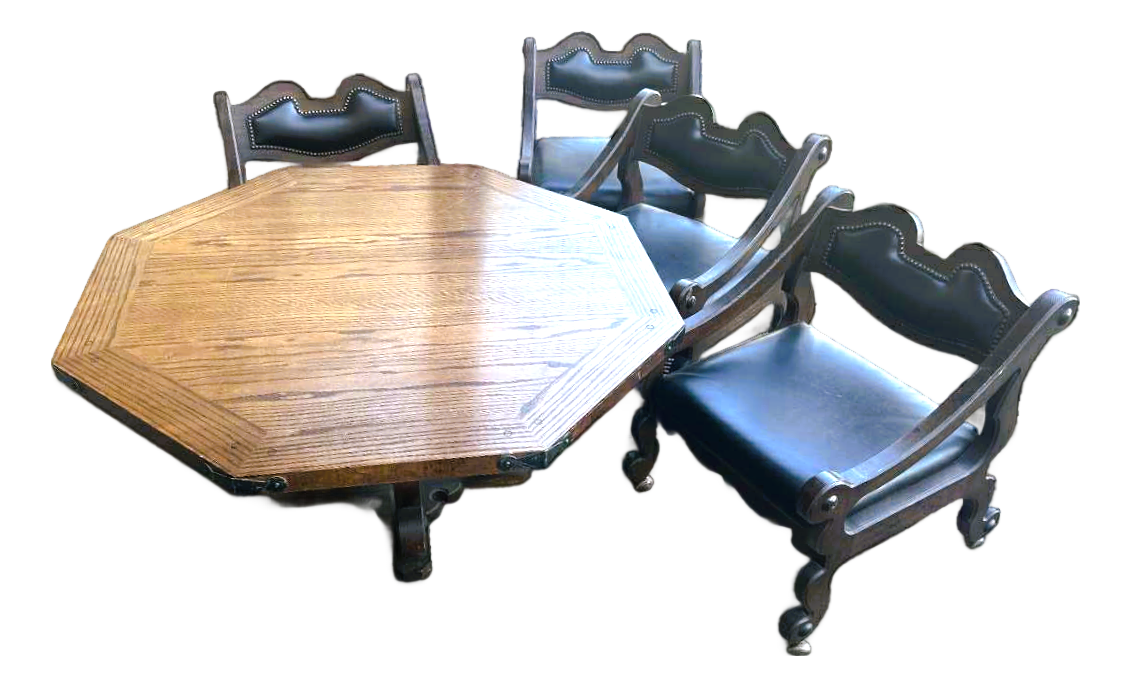 Solid Oak Spanish Colonial Revival Octagonal Game Table and Four Chairs on Brass Casters - Vintage Late 20th Century - Image 2