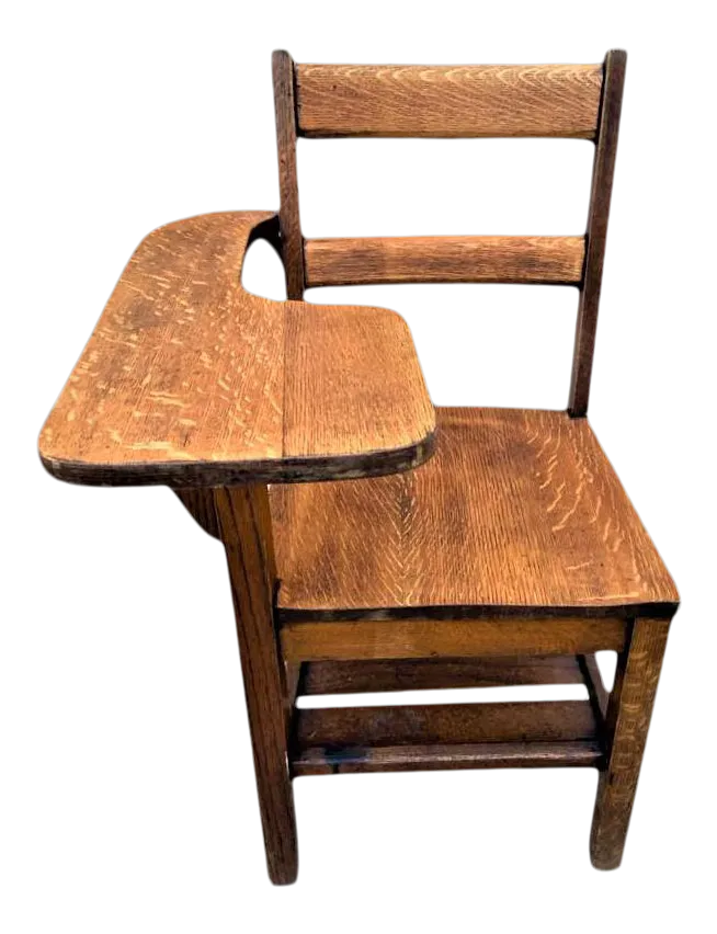 1910 Arts & Crafts Antique Quarter Sawn Oak Chair With Student Writing Surface - Image 2