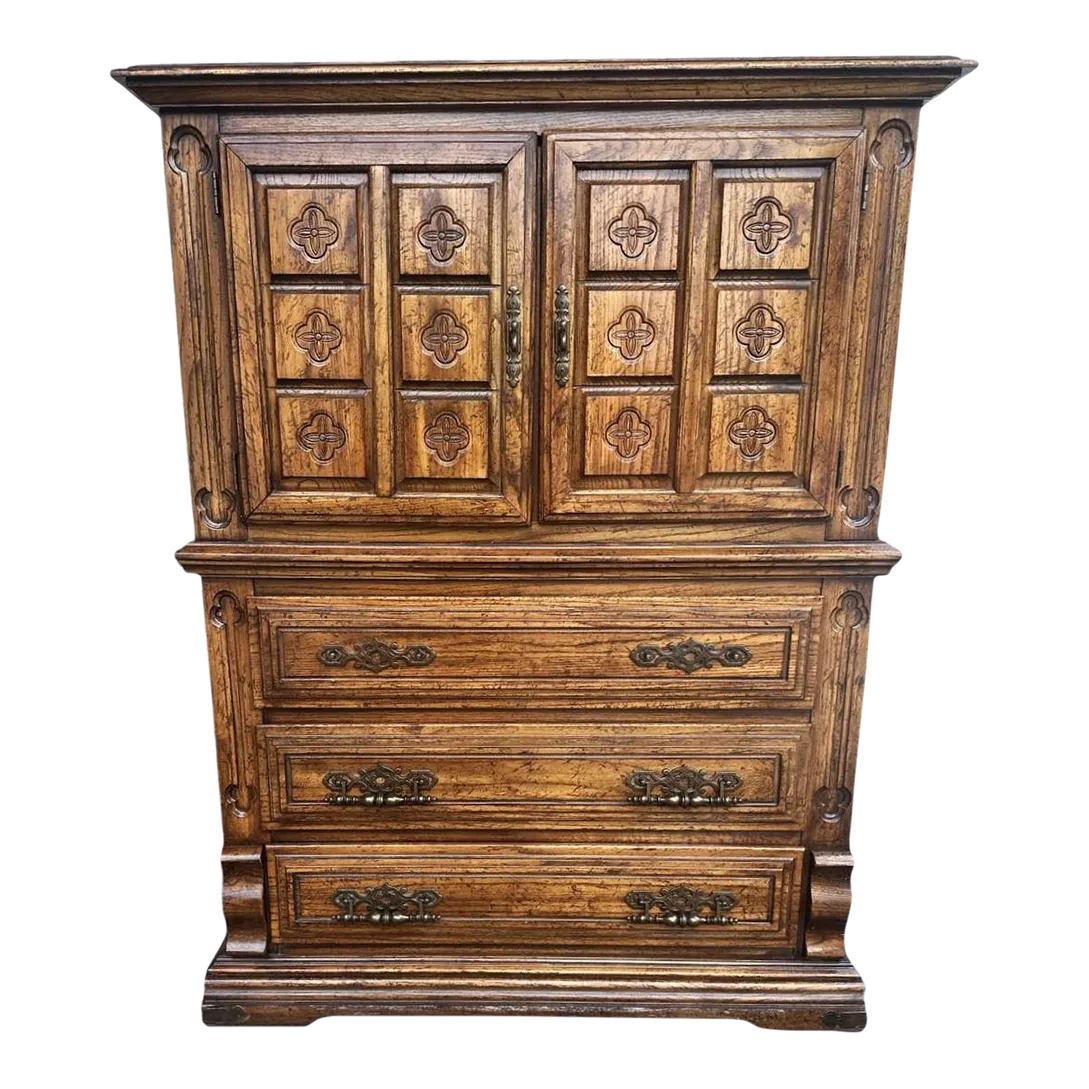 Spanish Revival Oak Armoire or Liquor Cabinet - Vintage Circa 1970s - Image 2