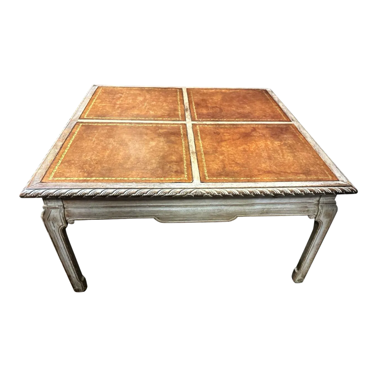 Baker Furniture Company Tooled Leather and Cerused Oak Cocktail Table - Rare Find From the 1940s - Image 2
