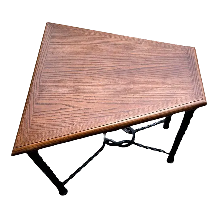 Mid 20th Century Trapezoid Oak and Wrought Iron Side Table - Image 2