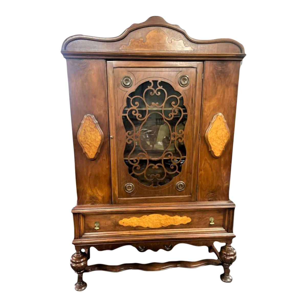 Early 20th Century Antique Spanish Revival Walnut and Burlwood China Cabinet - Image 2