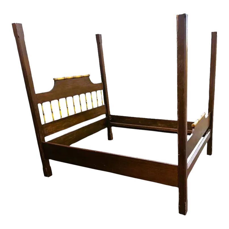 Chinoiserie Solid Teak and Faux Bamboo Queen Size Bedframe - Circa 1940 - Image 2