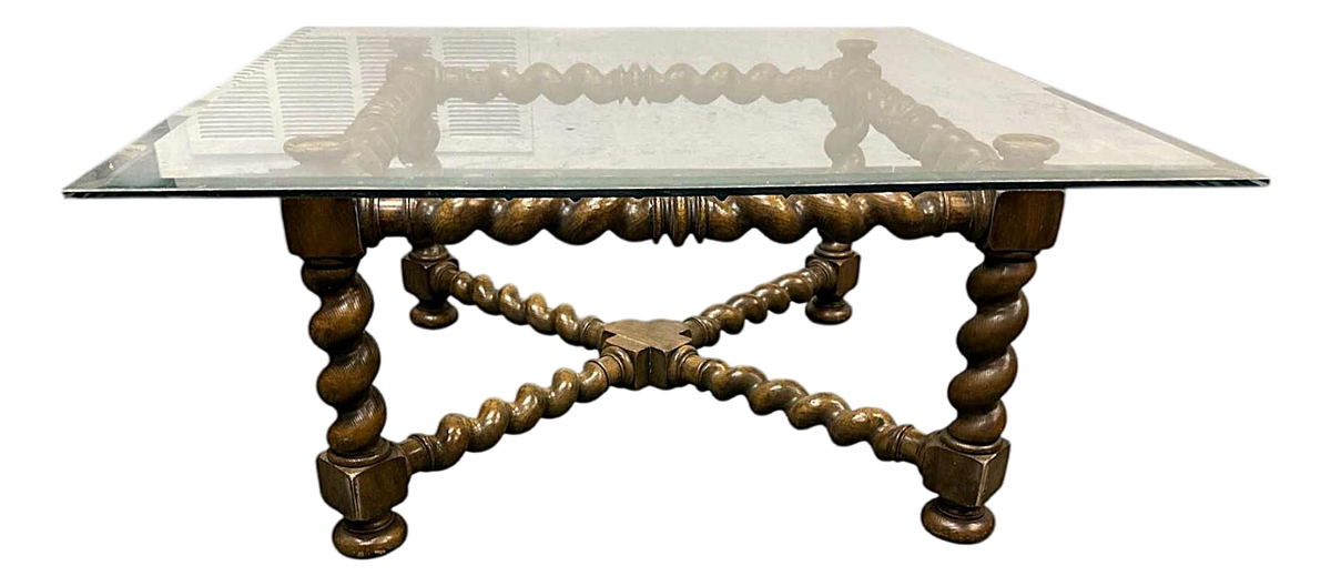 Baker Furniture Collectors Edition Barley Twist Oak Glass Top Coffee Table - Vintage Mid 20th Century - Image 2
