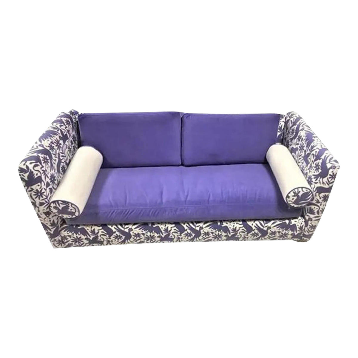 Otomi Print and Velvet Upholstery on Large Mid 20th Century Vintage Hollywood Regency Tuxedo Sofa - Image 2