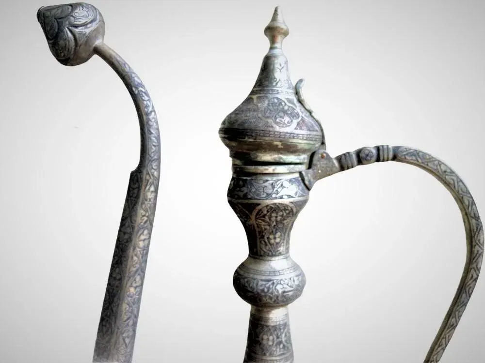 Antique Large Turkish Islamic Pewter Engraved Ewer - Early 20th Century - Image 12
