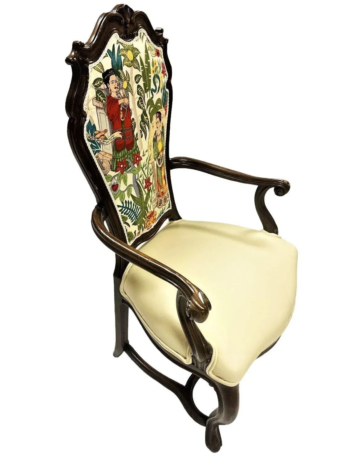 Pair of Vintage Karges Fauteuils With New Leather and 'Frida's Garden' Chintz Upholstery - Image 12