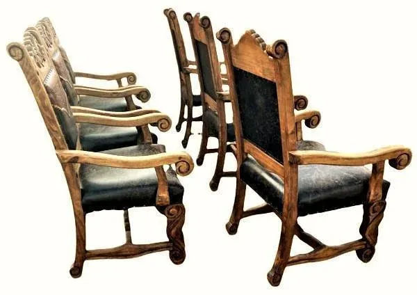 Custom Made Mexican Hacienda Chairs in Tooled Leather and Carved Wood - Set of 6 - Image 12