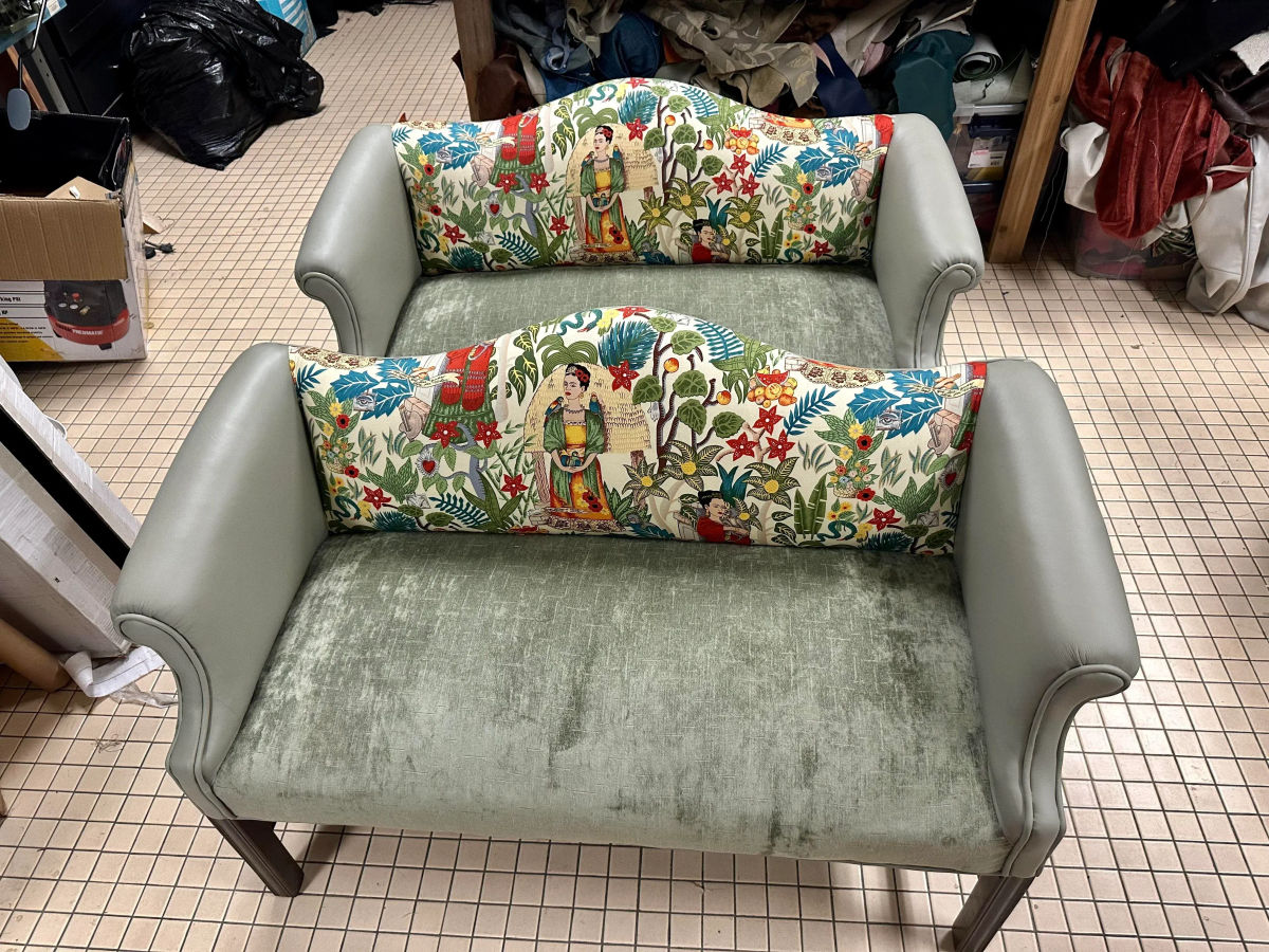 Pair of Chippendale Camelback Settees in ‘Frida’s Garden’ Chintz and Celadon Leather and Velvet - Image 12