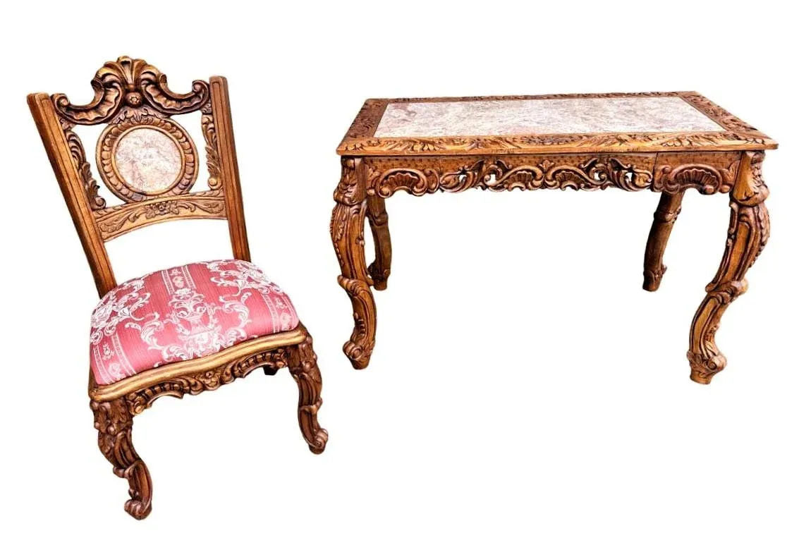 Spanish Baroque Style Heavily Carved Desk and Chair Set With Marble Inserts - Circa 1990 - Image 12