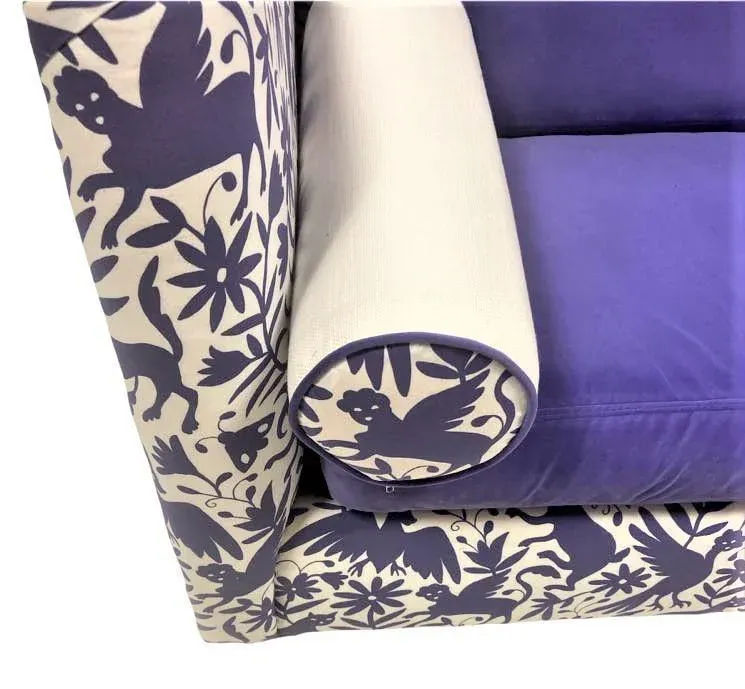 Otomi Print and Velvet Upholstery on Large Mid 20th Century Vintage Hollywood Regency Tuxedo Sofa - Image 12