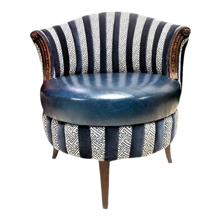 Mid 20th Century Round Accent Chair Reupholstered With Blue Velvet and Greek Key Fabric - Image 12