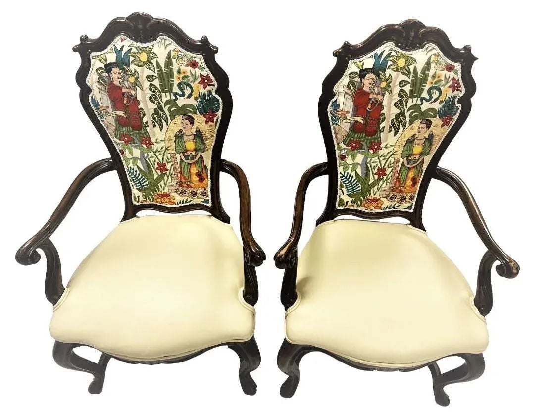 Pair of Vintage Karges Fauteuils With New Leather and 'Frida's Garden' Chintz Upholstery - Image 13