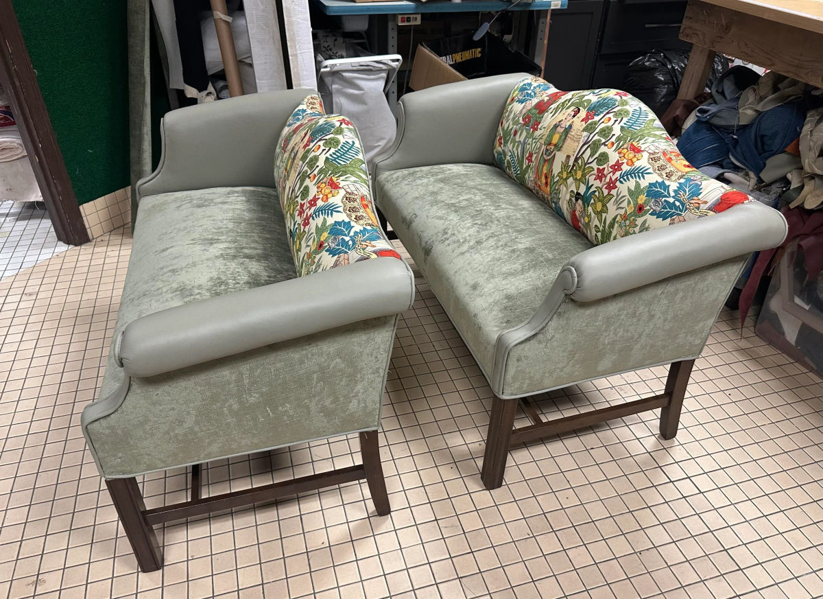 Pair of Chippendale Camelback Settees in ‘Frida’s Garden’ Chintz and Celadon Leather and Velvet - Image 13