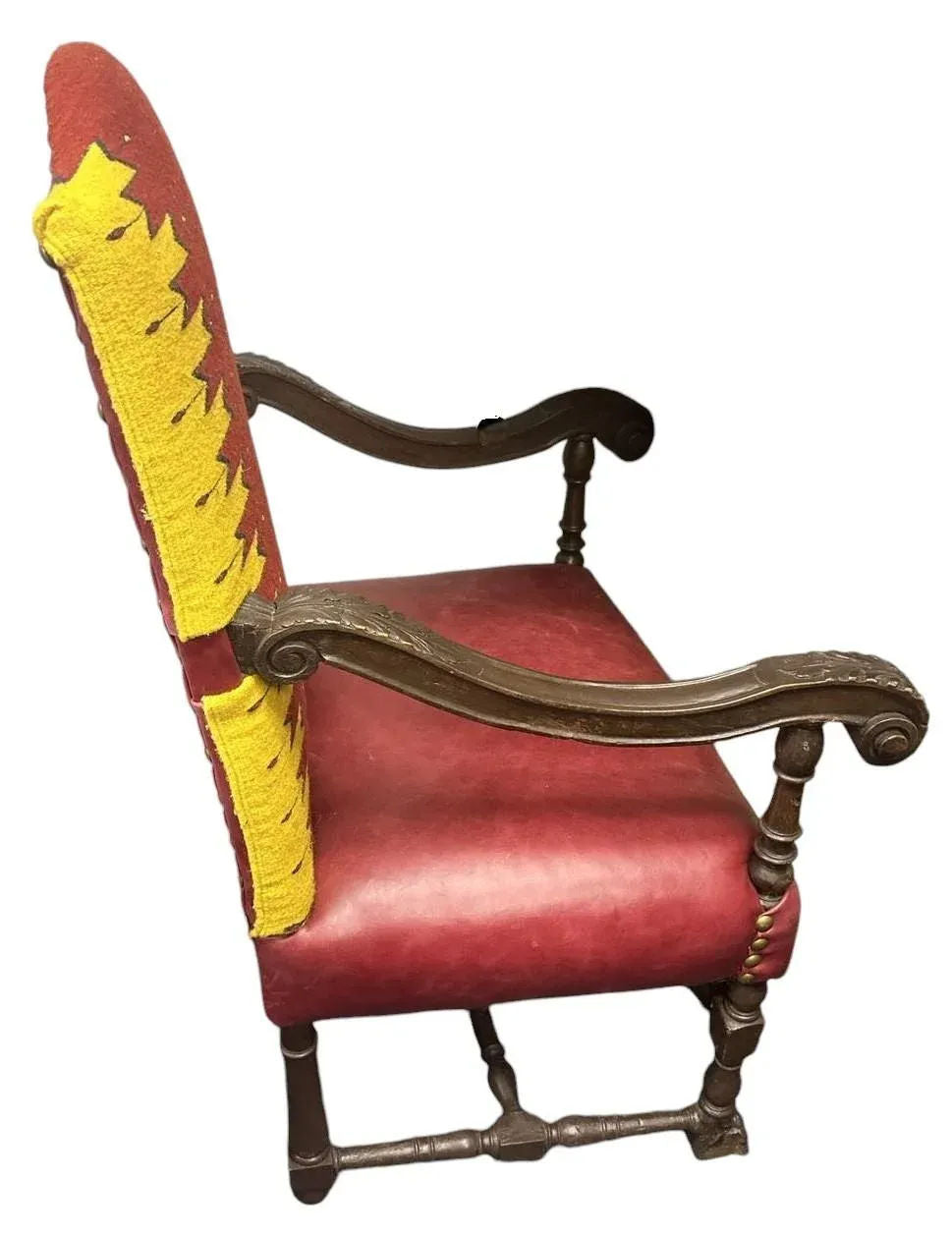Antique Hacienda Throne Chair Reupholstered With Hand Loomed Oaxaca Tapestry and Leather - Image 13