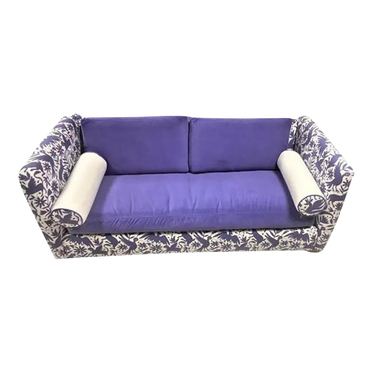 Otomi Print and Velvet Upholstery on Large Mid 20th Century Vintage Hollywood Regency Tuxedo Sofa - Image 13