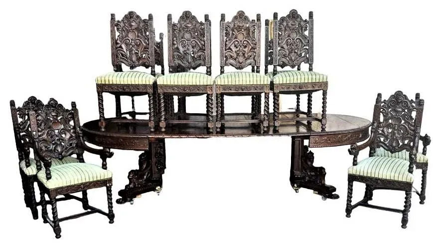 Monumental 10' X 5.5' Renaissance Revival French Walnut Banquet Table With 12 Chairs - Antique Circa Mid 19th Century - Image 14